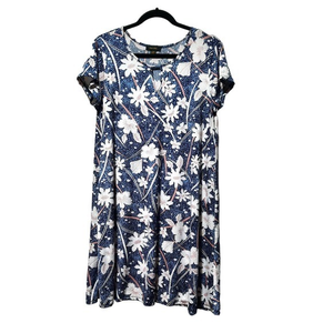 ESPRESSO‎ WOMENS POLYESTER PULLOVER KEYHOLE CAP SLEEVE BLUE WHITE L
